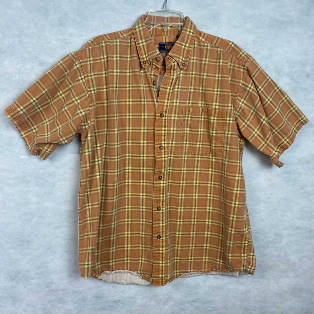 Vintage 90s Route 66 Shirt Men Large Orange Plaid Short Sleeve Button Down Flaw